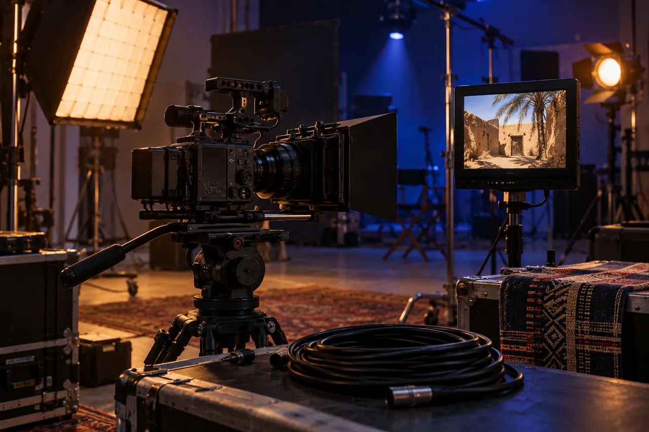 Illustrative cinema camera, lighting and review monitor in a production setting