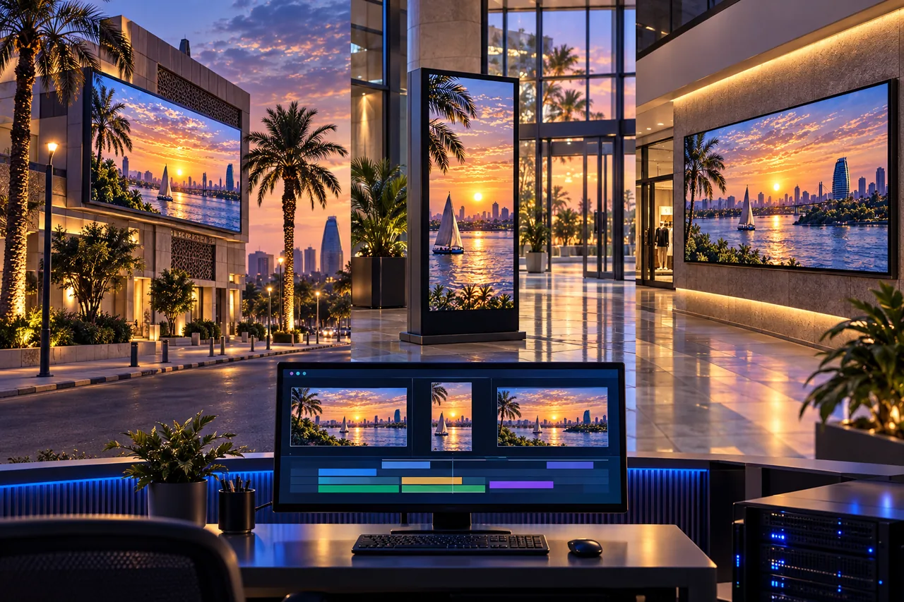 Concept of outdoor and indoor screens in different locations sharing coordinated content from a central management desk