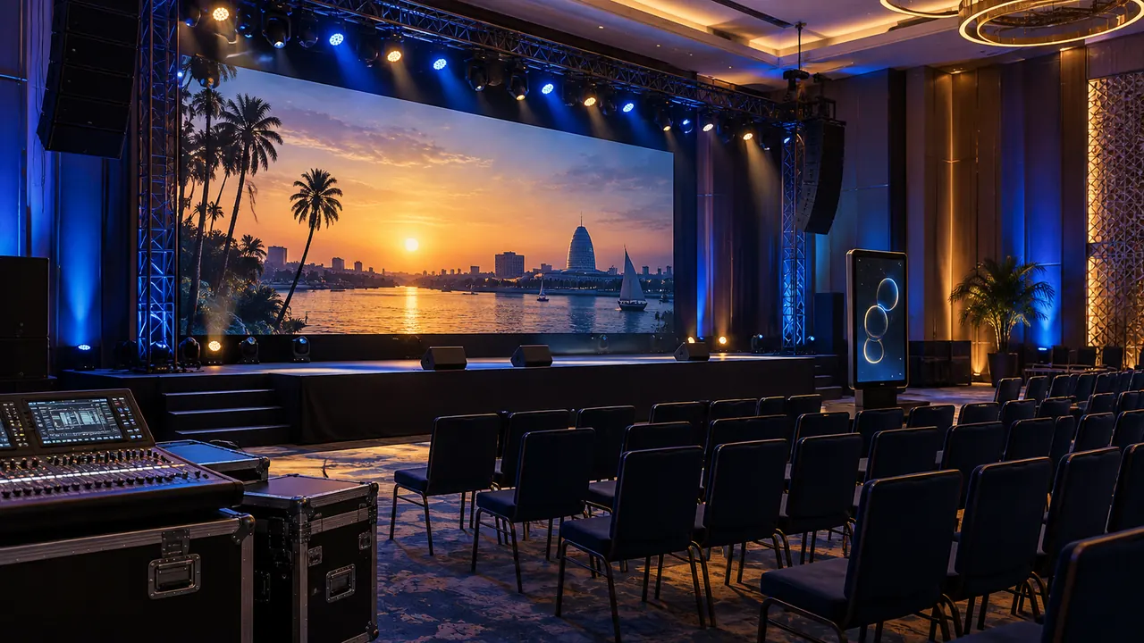 Stage with LED display, lighting, audio equipment and an interactive screen