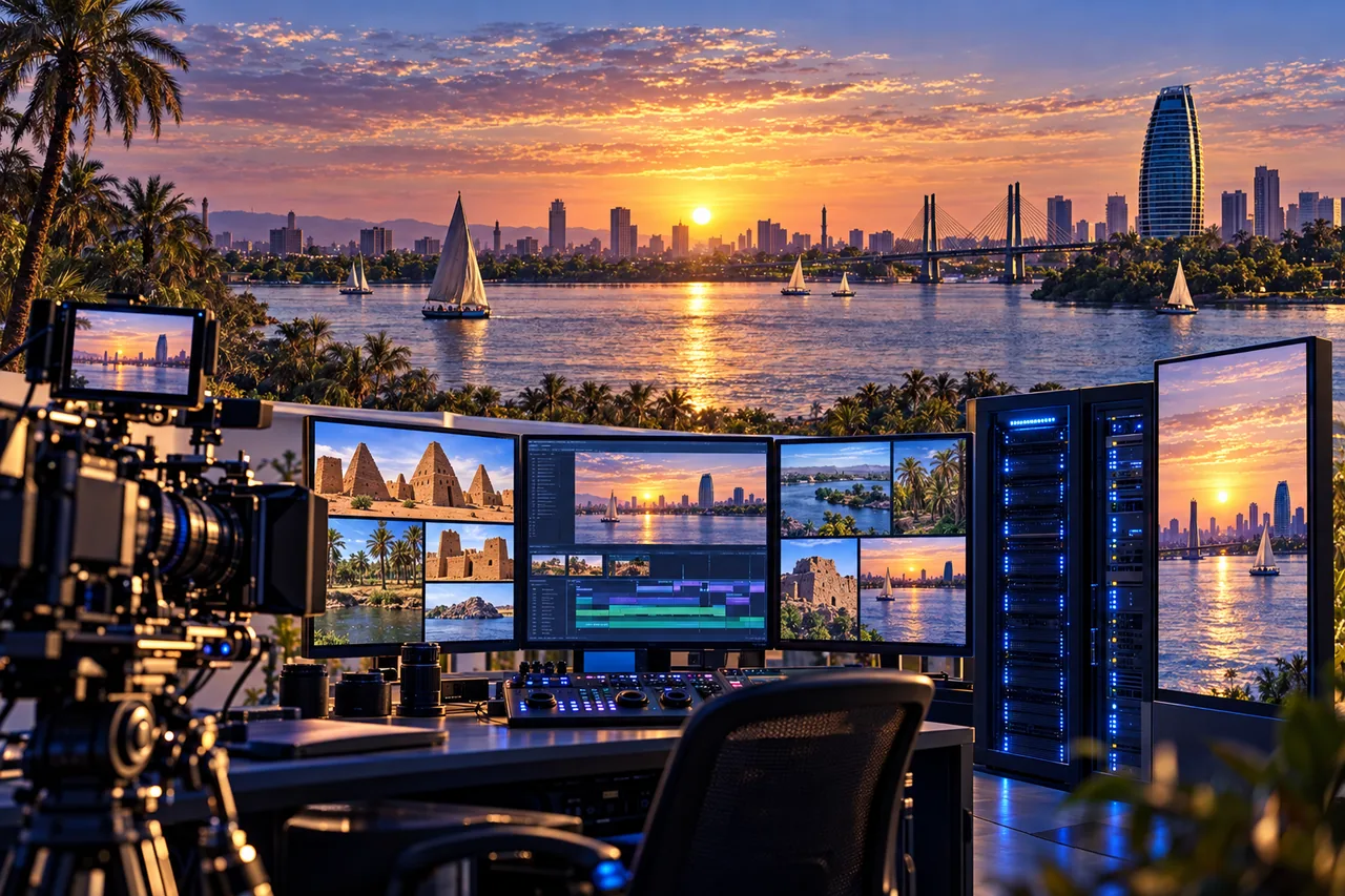 Conceptual scene combining a Nile sunset with production, editing, technology and digital screens