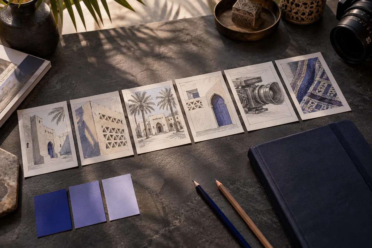 Illustrative creative planning desk with storyboard cards, a notebook and colour swatches